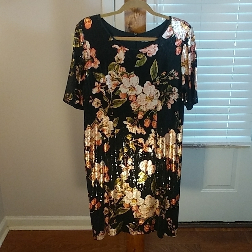 Leslie Fay Black Floral Squine Sheath Elegant Party/Cocktail Dress Size 12